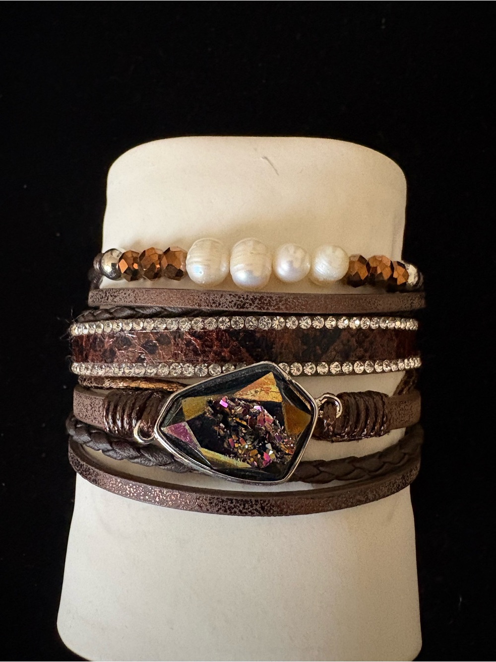 Genuine Pearl Accent Multi-Strand Brown and Gold Crystal Wrap Bracelet